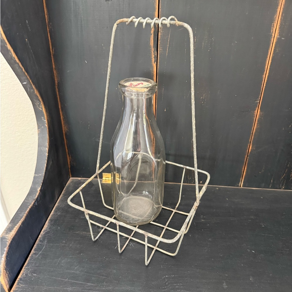 Vintage Glass Milk Bottle with Metal Carrier